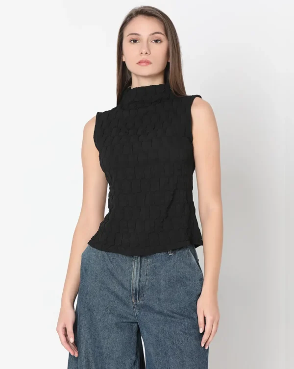 Black Textured High Neck Top - Image 6